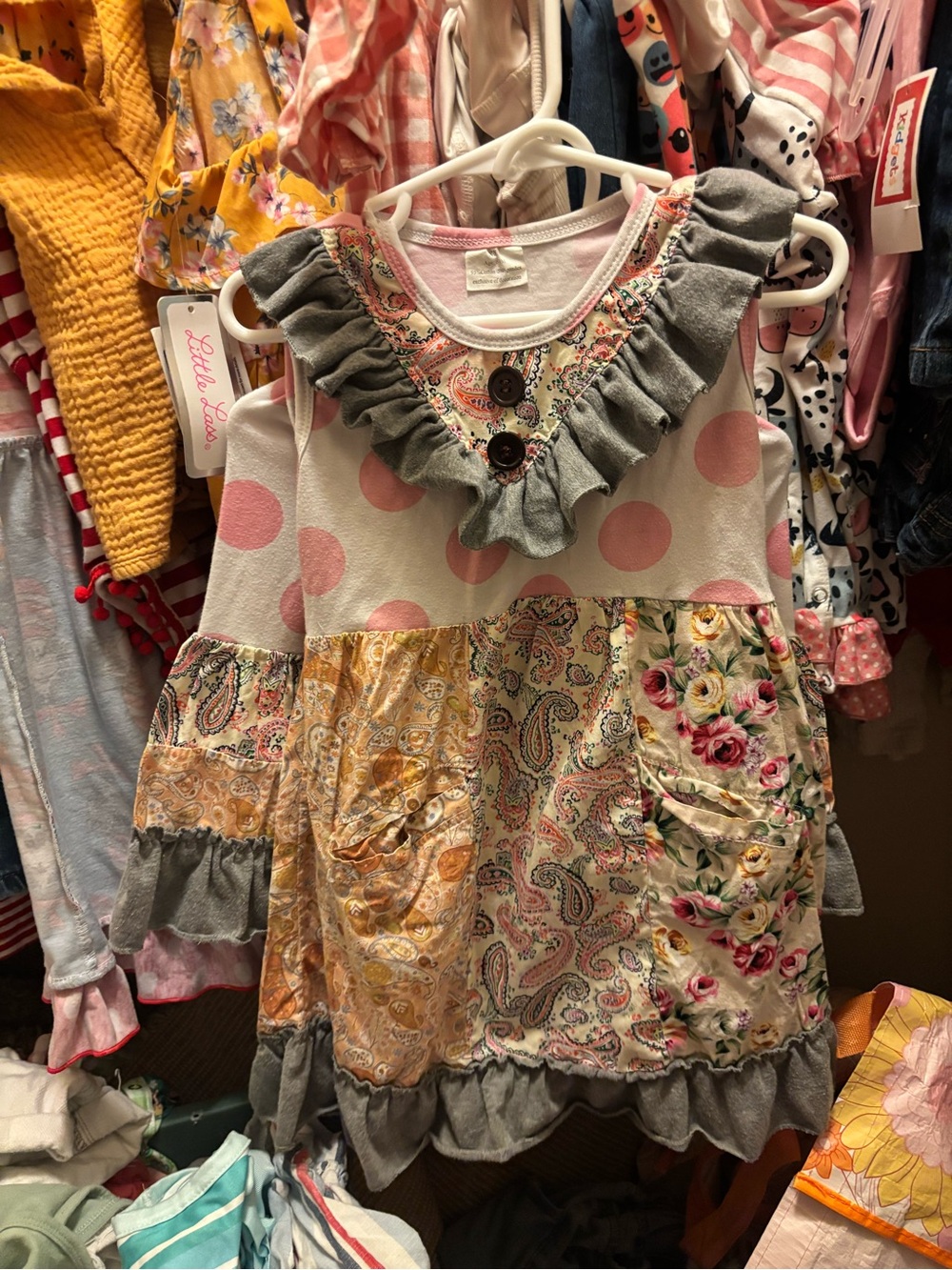 Girls Pink Polka Dot & Floral Patchwork Dress with Gray Ruffle